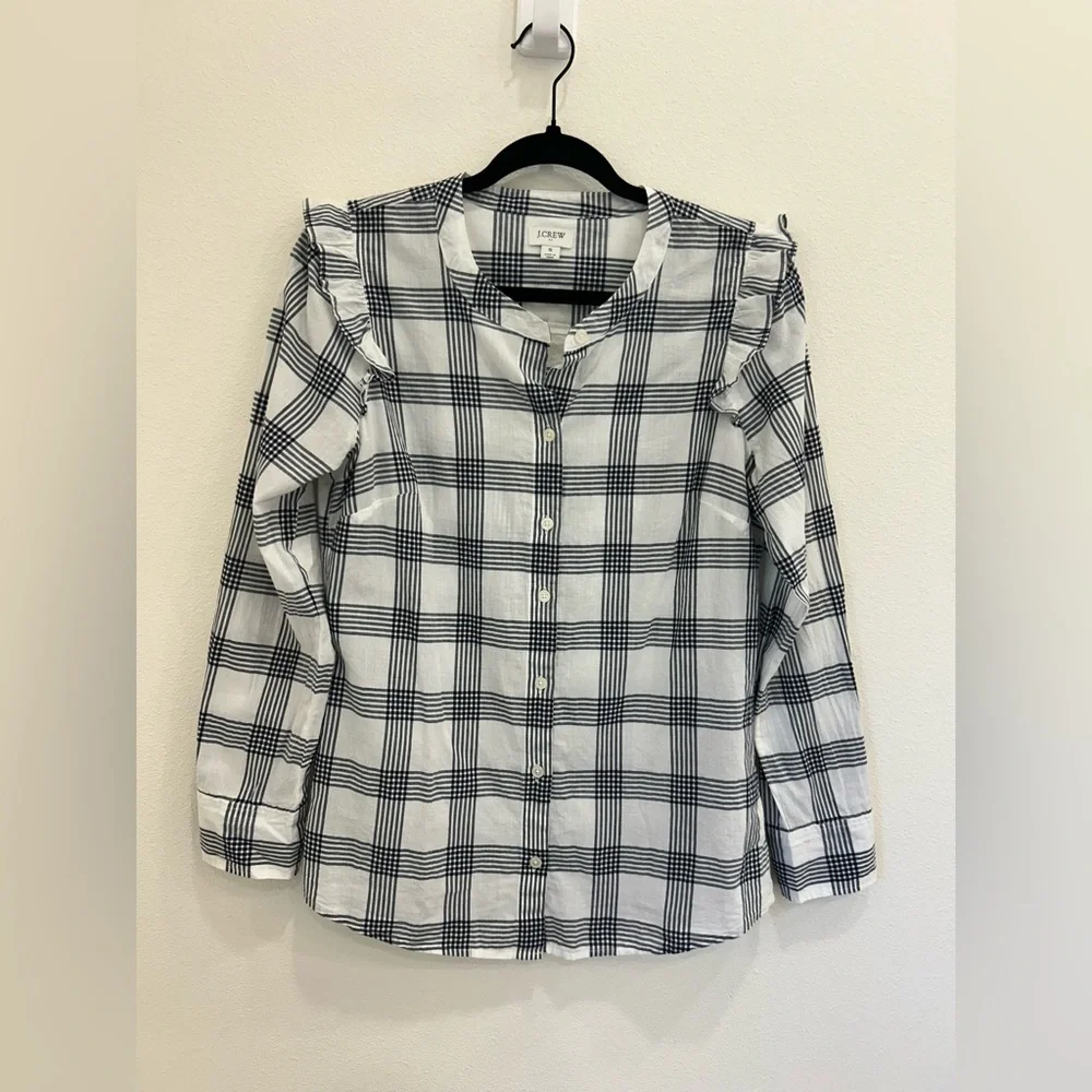 J.Crew plaid ruffle sleeve 100% cotton button blouse top SM classic preppy fall - Picture 2 of 8
